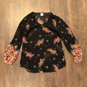 CAbi Black Blouse with Colorful Floral Design